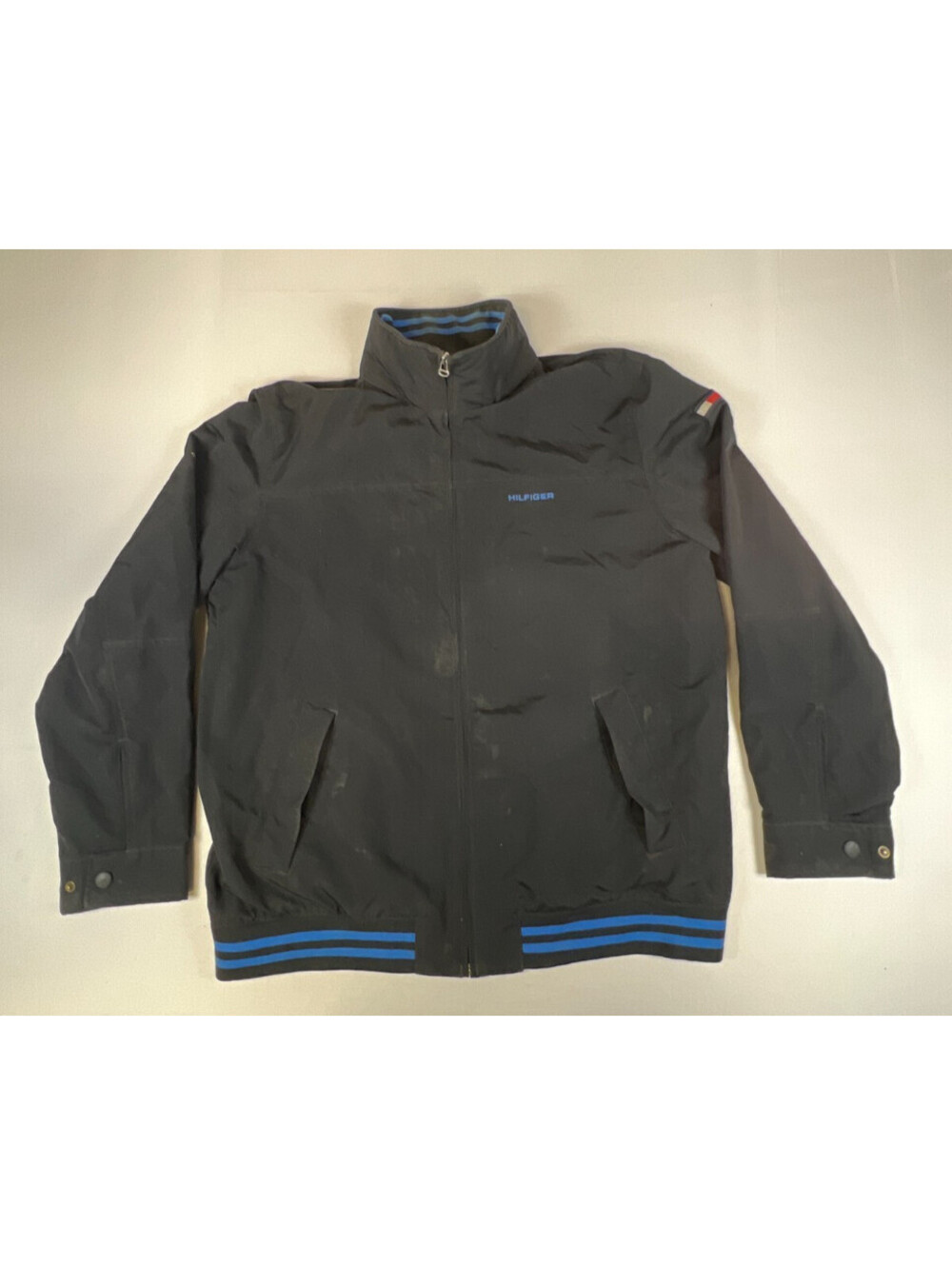 Tommy Hilfiger Mens 2XL Black Full Zip Bomber Jacket Blue Stripe Activewear Coat